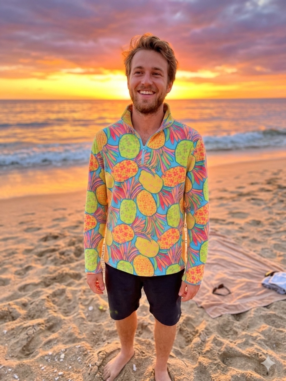chubbies Pineapple-Print Pullover 1/2 Zip Fleece in Yellow, Green & Pink